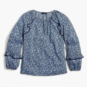 J.Crew Womens Printed ruffle-trim peasant top XS Blue Ditsy Floral Long Sleeve